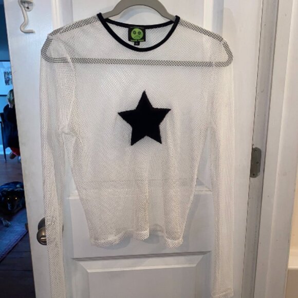 Tunnel Vision White Fishnet Fuzzy Star Long Sleeve Top - Picture 2 of 4